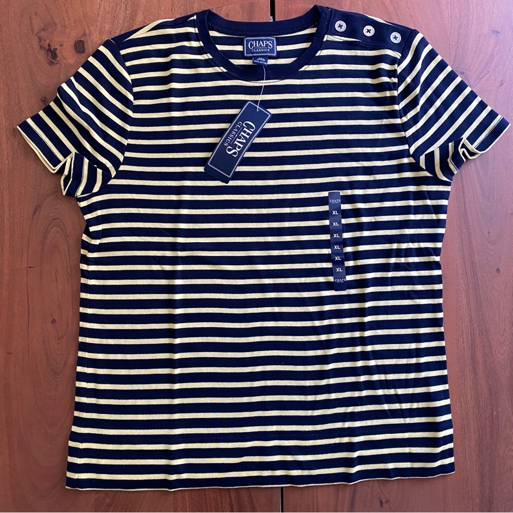 NWT Chaps Classics Yellow and Navy Striped 100% Cotton Button T-Shirt Size XL